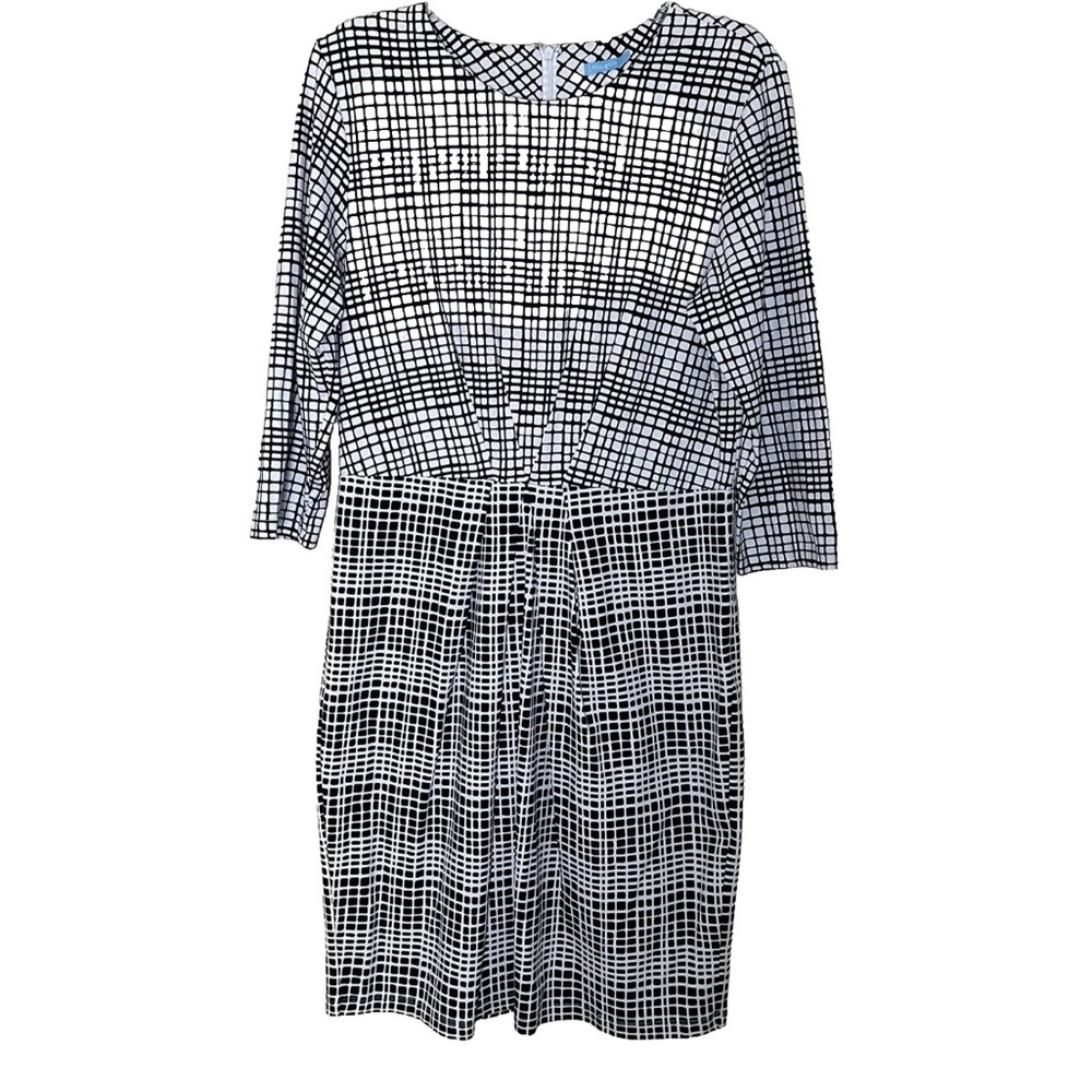J. McLaughlin Mia Dress Large Mod Matrix Plaid Catalina Cloth Pleated 3/4 Sleeve